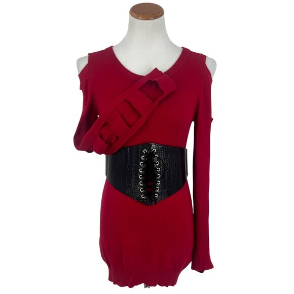 Vtg 90s Y2K F21 Red Angora Cold Shoulder Caged Ladder Sweater | Grunge Baddie S - Picture 11 of 16